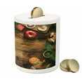 thumbnail image 3 of Christmas Piggy Bank, Gingerbread Man Gift Box Coniferous Pine Cinnamon Dessert on Rustic Wood Theme, Ceramic Coin Bank Money Box for Cash Saving, 3.6" X 3.2", Brown Green, by Ambesonne, 3 of 4