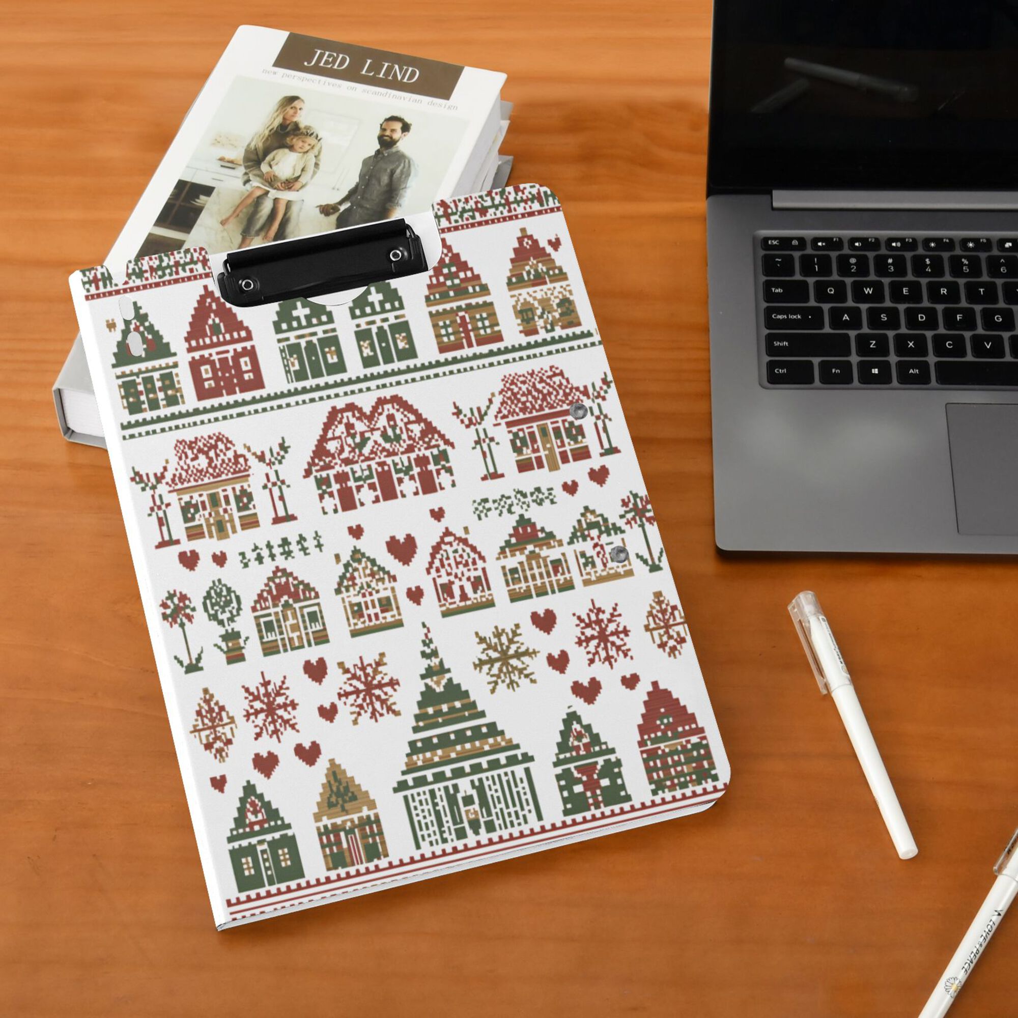 FORMRS A4 Clipboard Folder with Pen Holder Horizontal Foldable School Office Binder, Green Nordic Christmas House