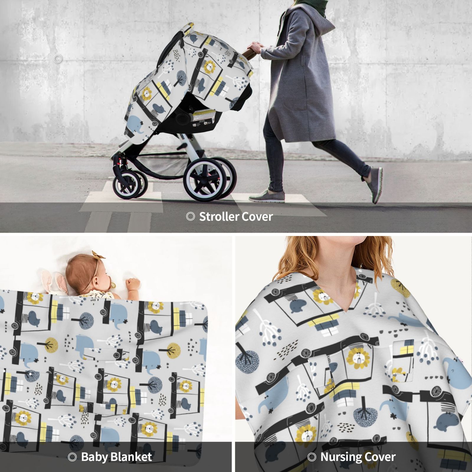 Car Seat Cover Baby - Lion Hippo Elephant On The Car Breathable Infant Car Seat Cover for Baby Carseat, Lightweight Comfort Baby Essentials Must Haves Newborn Stuff for Girl Boy