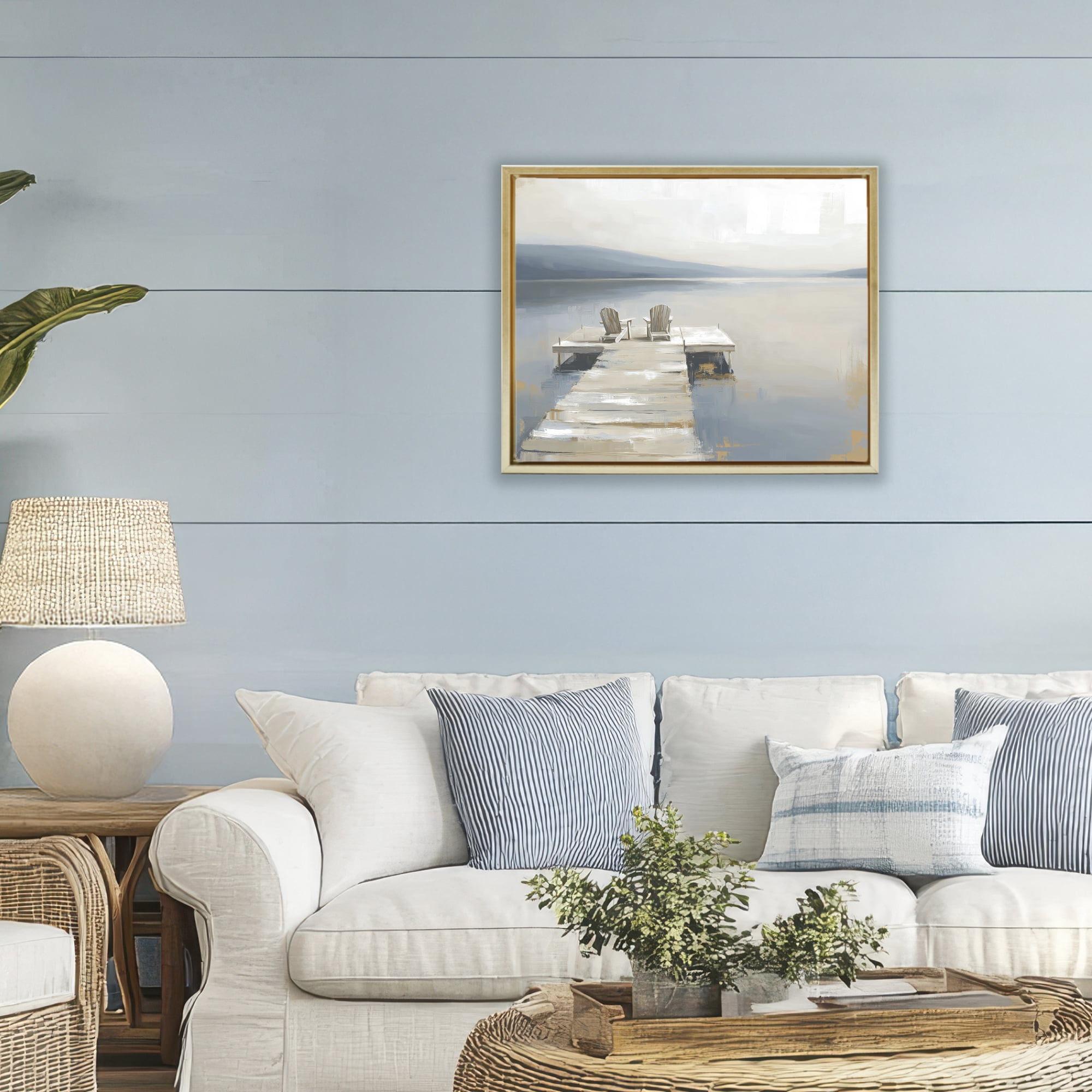 Stupell Industries Adirondack Chairs on Pier Gold Framed Floater Canvas Wall Art, design by Kim Curinga