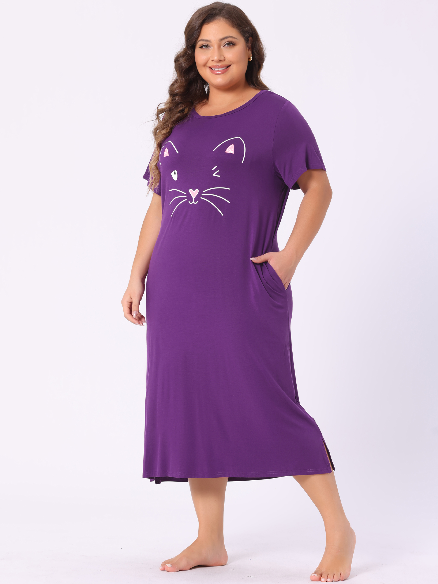 Unique Bargains Women's Plus Size Cute Cat Print Pockets Nightgown 3X Dark Purple