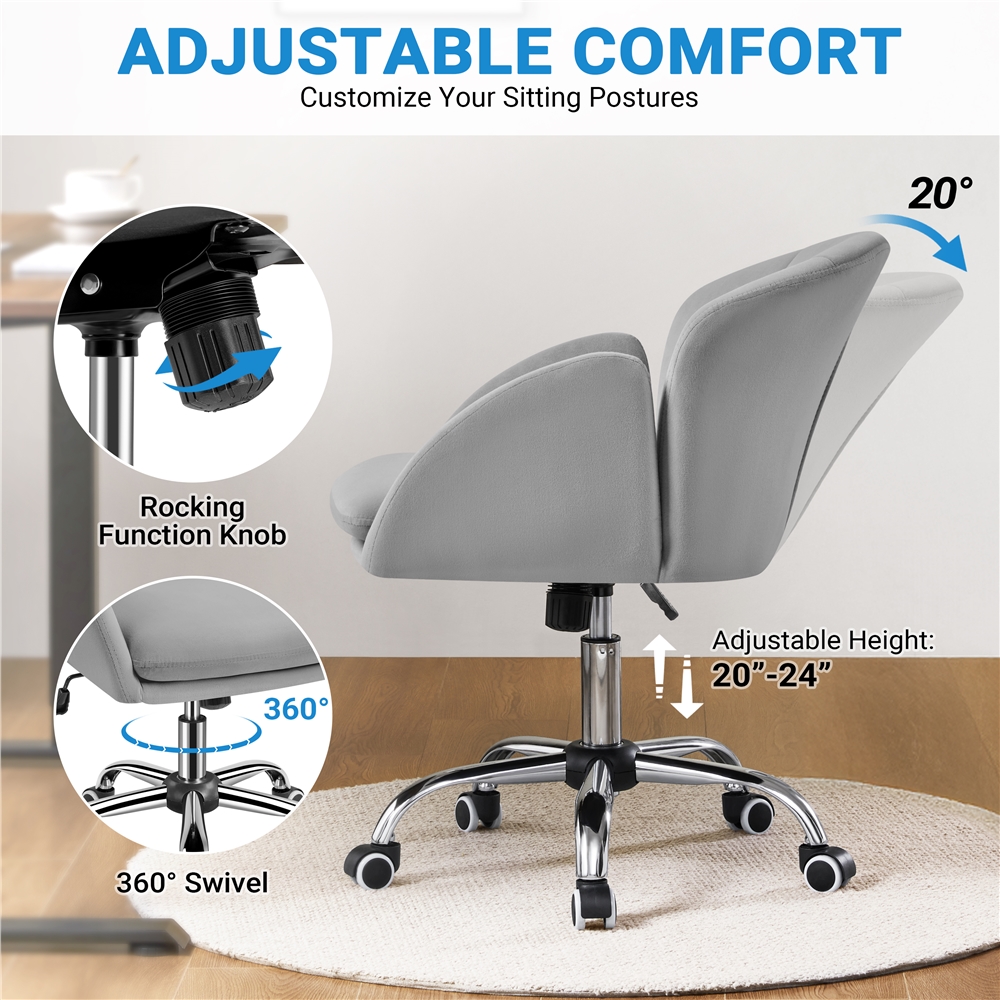 Yaheetech Swivel Rolling Desk Chair Makeup Vanity Chair with Armrests, Light Gray
