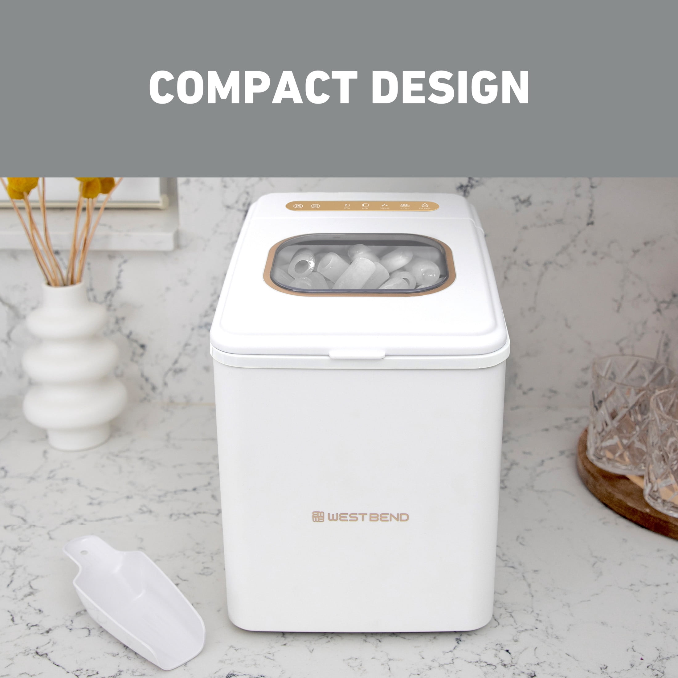 West Bend Timeless 26lb. Countertop Bullet Ice Maker in White and Gold (WBIM2625WG)