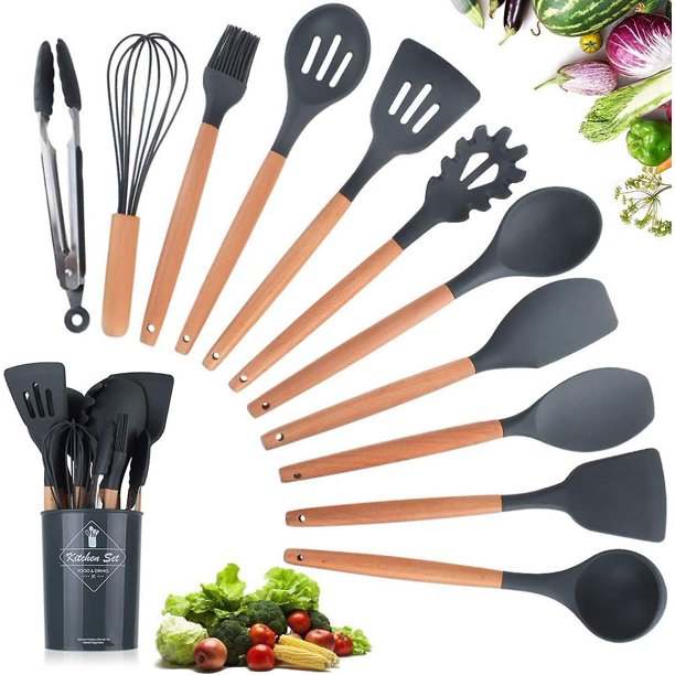 Juego de utensilios de cocina de silicona YUANXCMXG 11 piezas mangos de MADERA