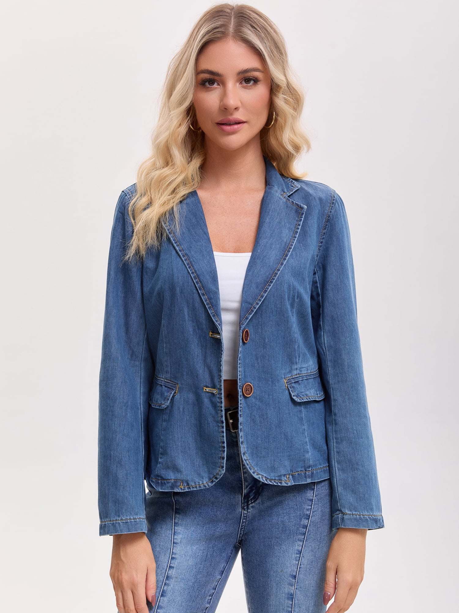 DARING DIVA Women's Notched Lapel Long Sleeve Button Fitted Blazer L Blue