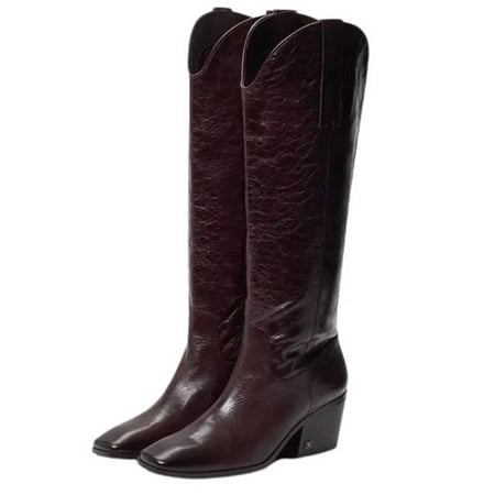

Sam Edelman Britten Wine Squared Toe Block Heel Leather Knee High Western Boots (Wine 5)