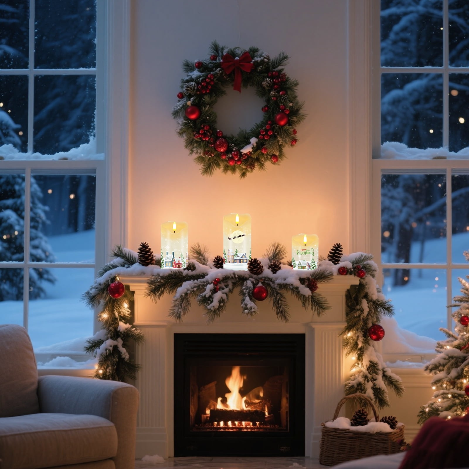 Christmas Flameless Candles, Set of 3 Flickering LED Candles with Remote & Timer, Dimmable Real Wax Electric Pillar Candles Battery Operated for Home Christmas Decor