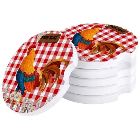 KXMDXA Farm Chicken Red and White Plaid Set of 2 Car Coaster for Drinks Absorbent Ceramic Stone Coasters Cup Mat with Cork Base for Home Kitchen Room Coffee Table Bar Decor
