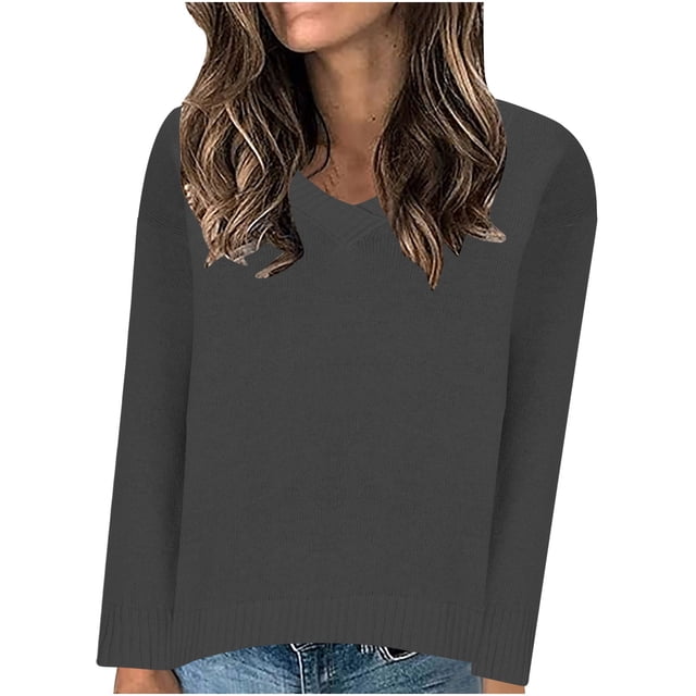 Timegard Tops for Women V Neck Long Sleeve Sweaters Pullover Solid Color Fall Casual Loose Comfy Tops