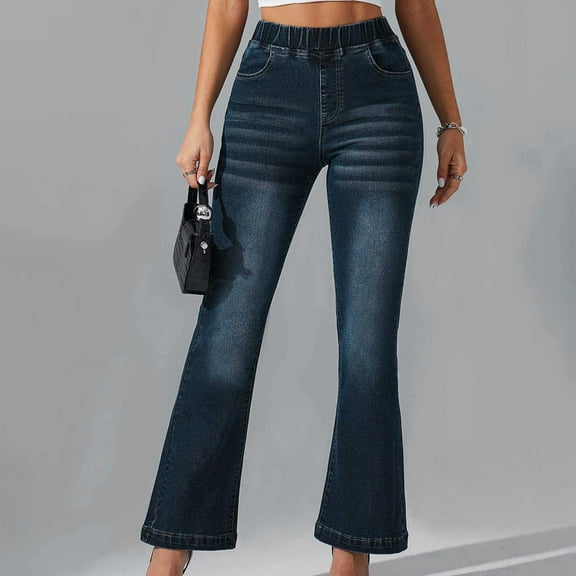 YanHoo Women Bell Bottom Jeans High Waisted Straight Wide Leg Flare Bootcut Jeans Loose Stretchy Baggy Denim Pants Blue,L