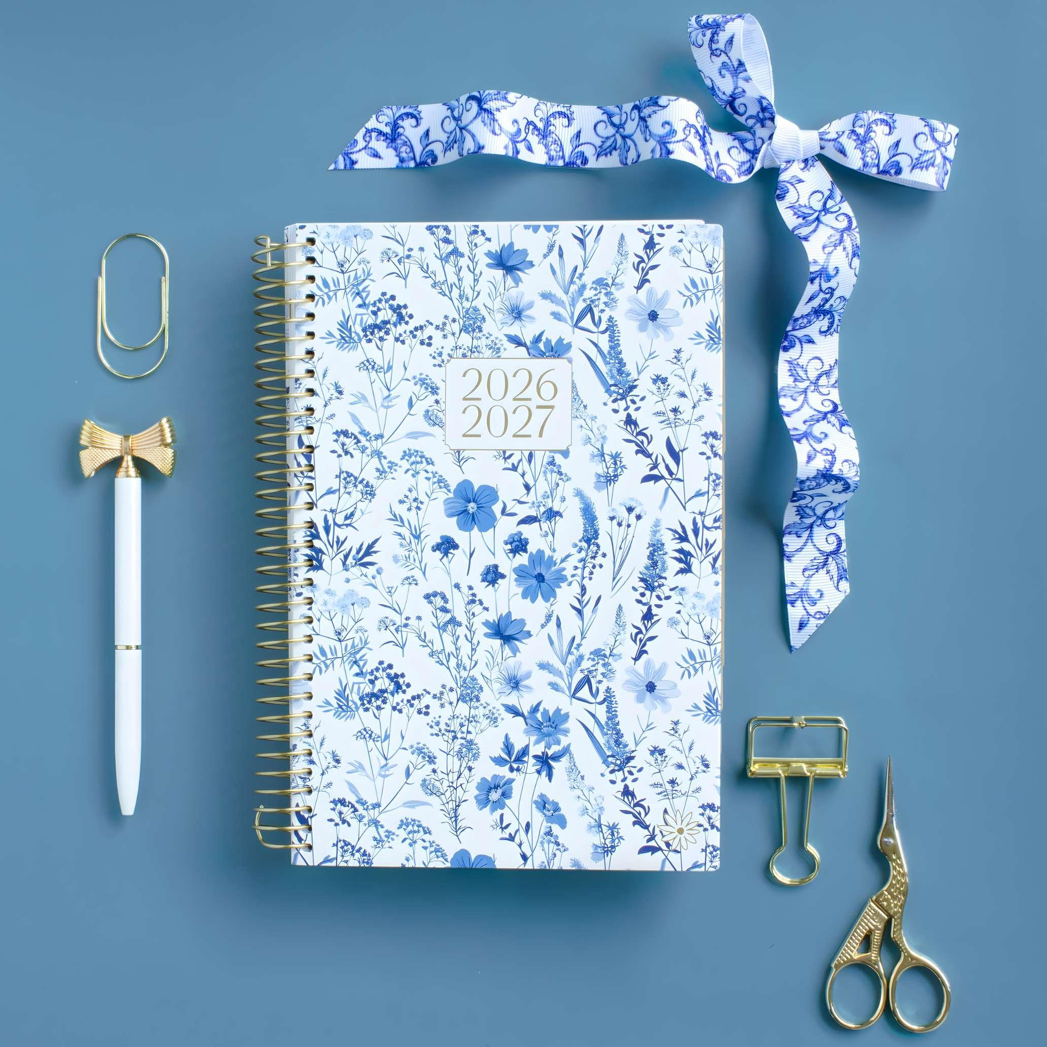 bloom daily planners 2026-2027 Academic Planner, 13 Month Monthly & Weekly Soft Cover, 5.5" x 8.25", Stickers Included, Blue & White Floral
