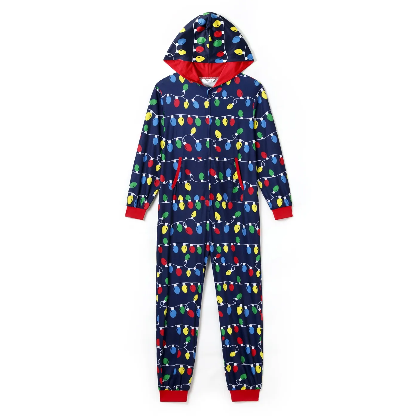 PatPat Christmas Pajamas for Women One Piece Family Matching Onesies Allover Colorful String Lights Holiday Pjs Gifts with Christmas Socks, Dark Blue, M