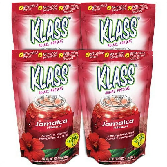 Klass Aguas Frescas Hibiscus Drink Mix - No artificial flavors, no artificial sweeteners, colors from natural sources (Makes 7 Quarts) 14.1 ounce Family Pack (4-Pack)
