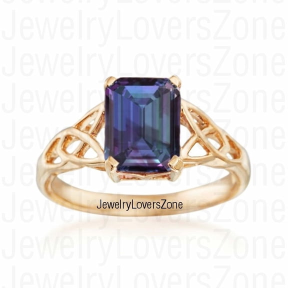 JewelryLoversZone Gold Vermeil Alexandrite Ring, Lab-Created Emerald Cut, Valentine’s Day Jewelry, Engagement or Anniversary Ring Silver 3