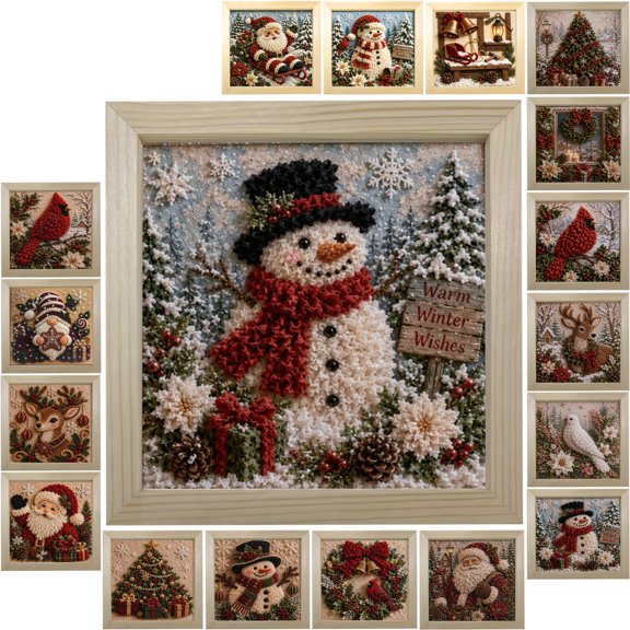 3D Christmas Fabric Poke Art Kit for Adults,DIY No-Glue Craft Set with Wooden Frame & Poke Tools,7.87x7.87in,17 Festive Designs for Holiday Decor