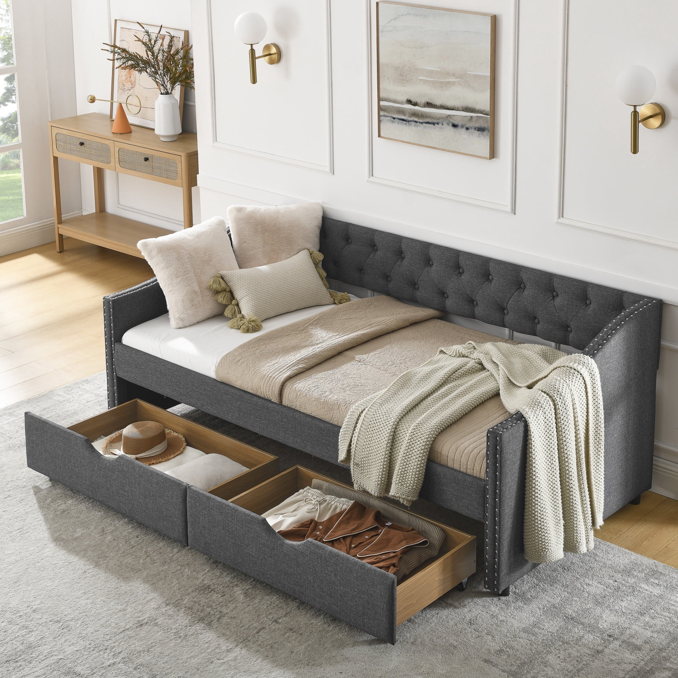 Noble House Twin Size Button Tufted Daybed, Linen Sofa Bed Frame with Storage Drawers and Nailhead Waved Arms, Dark Grey
