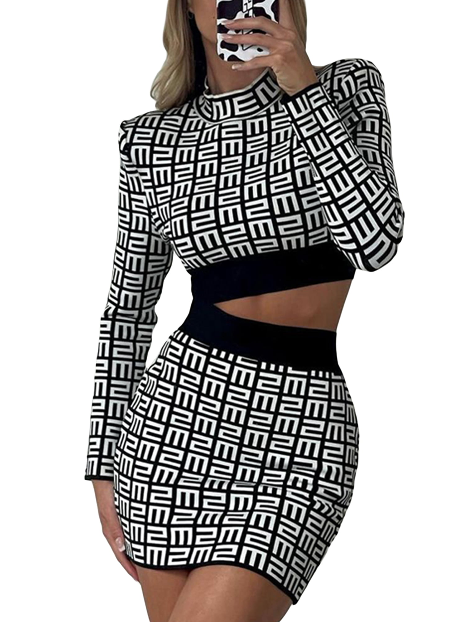 Women Letter Printed Mock Neck Long Sleeves Bodycon Club Cocktail Jumpsuit 2pcs
