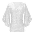 thumbnail image 6 of Womens Summer Tops Trendy Sequin 3/4 Sleeve Glitter Sparkly Party Blouse Casual V Neck Dressy For Evening Party White XXL, 6 of 7