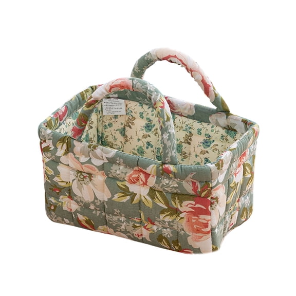 VMWMSSR Quilted Floral Fabric Storage Basket With Dual Handles Decorative Vintage Cloth Storage Bin Portable Organizer For Bedroom Living Room Nursery Countertop Home Decor(Green-8.66")