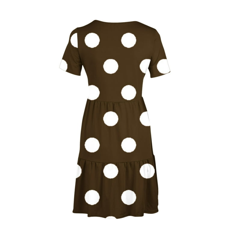 Brgzlk Womens Summer Casual Dresses Short Sleeve Round Neck Polka Dot Print Knee Length Double Pocket Tiered Dress forBeach Vocation Brown XXL,