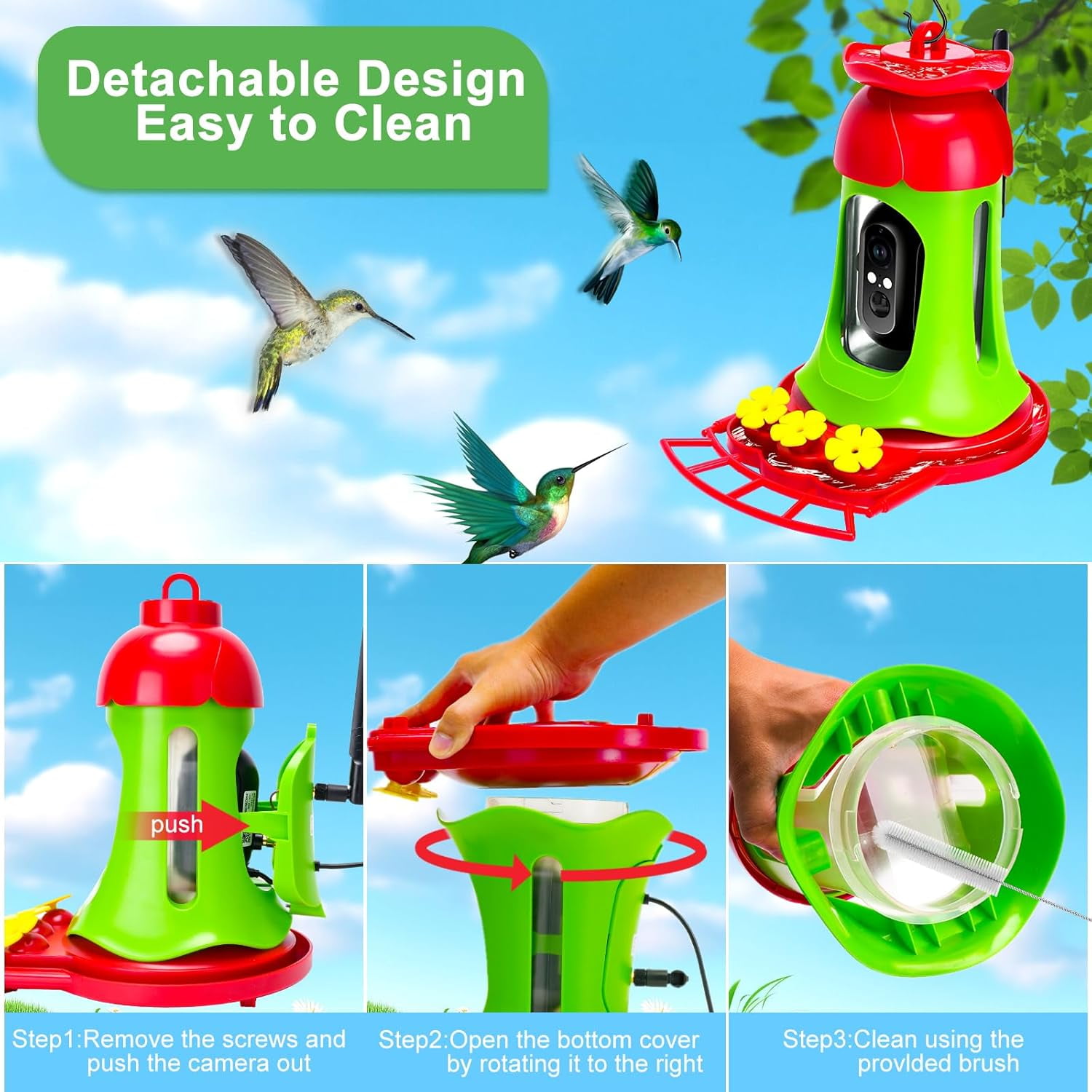 Hummingbird Feeder with Camera Solar Powered, AI Identify Bird Species, Hummingbird Feeder Camera Anti Ant Moat for Hummingbird, Outdoors Hanging, Ideal Gifts for Bird Lovers