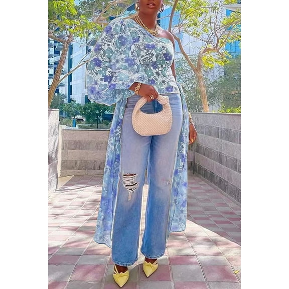 One Shoulder Drapped Side Top (S, MultiBlue)