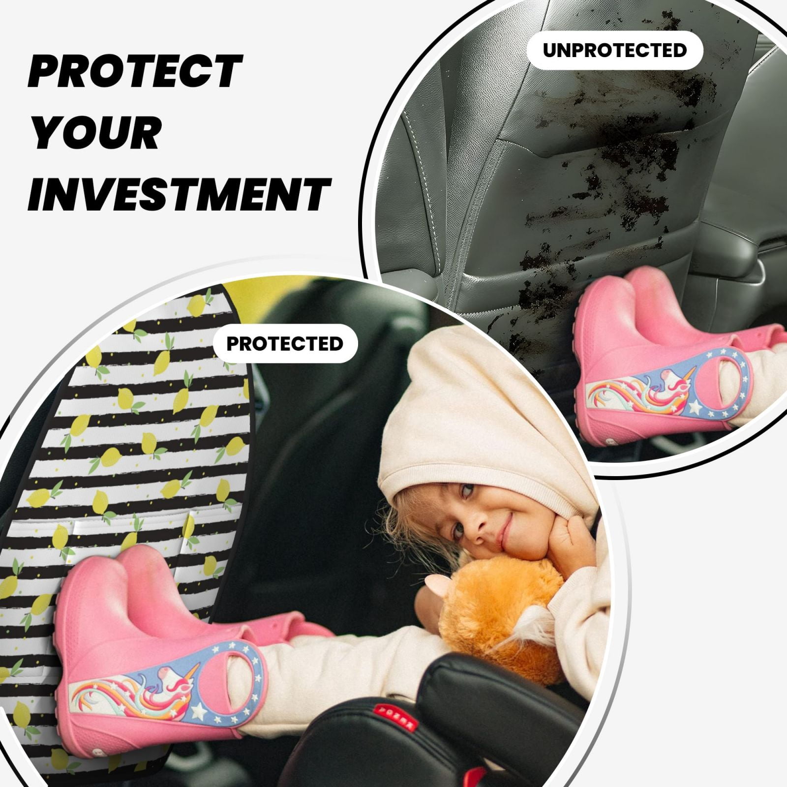Kdxio Lemon_1 Print 2 Pack Car Kick Mat Seat Cover Back Protector Mat with Pockets for Organizer Backseat Protector and Storage Anti Kick Pad for Vehicles