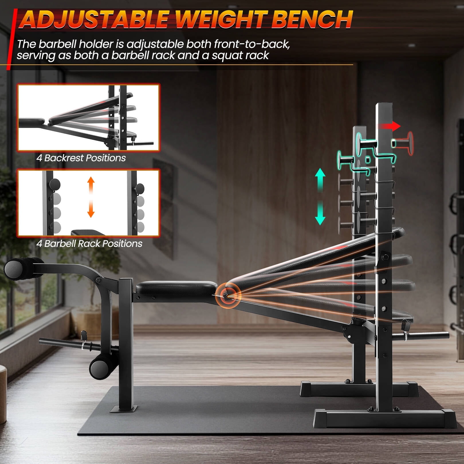 VIBESPARK 600LBS Foldable Weight Bench with Leg Extension and Leg Curl, Adjustable Workout Bench Set with Squat Rack, Olympic Bench Press for Home Gym Full-Body Strength Training