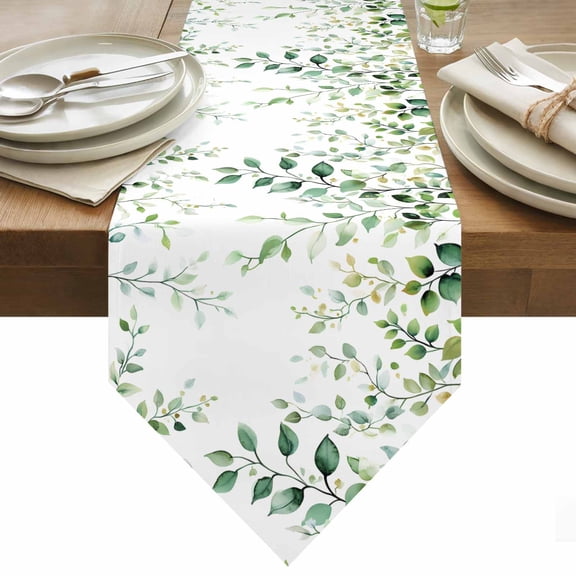 Eucalyptus Leaf Table Runner 48 Inches Long Watercolor Green Plant Country Table Runners for Dining Room Tabletop Dresser Scarf Home Party Banquet Wedding Holiday Decoration