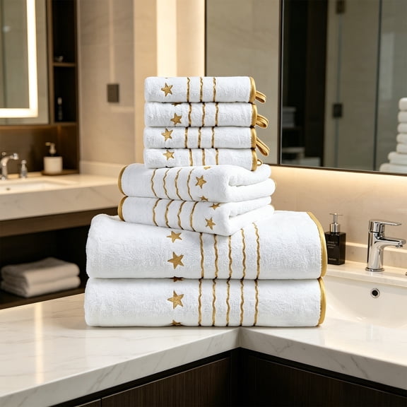InsCrazy 8 Pcs Bathroom Towels 4th Of July Bath Towels Set 250th Anniversary Star Embroidered Soft Absorbent White Hand Towels Washcloths For Bathroom Shower Drying Bath Towels