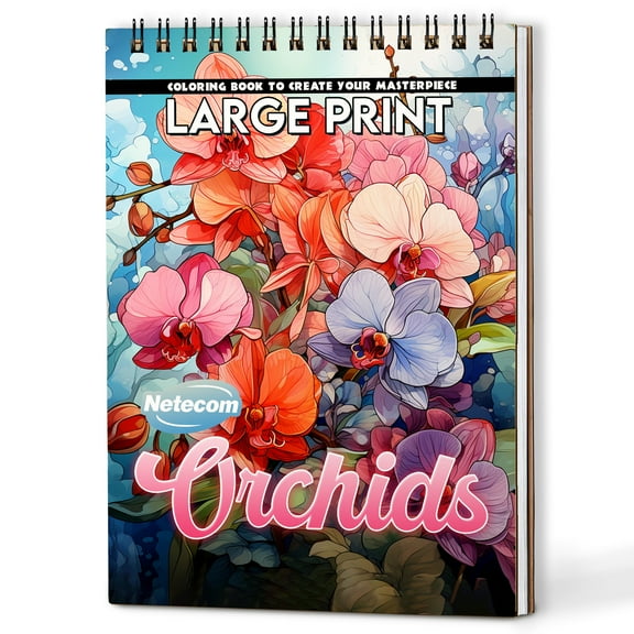 Netecom Large Print Orchids Coloring Book Spiral Bound for Adults, A5 Wooden Cover, 30 Bold and Simple Flowers Coloring Pages of Oversized Orchids for Stress Relief and Relaxation