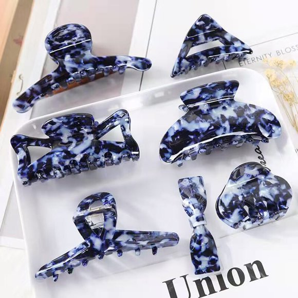 7 PCs Hair Claw Banana Clips Tortoise Claw Hair Clip Acrylic Hair Jaw Clips French Design Celluloid Hair Clamps Clips Non Slip Grip Jaw Clips for Women(Blue pattern)