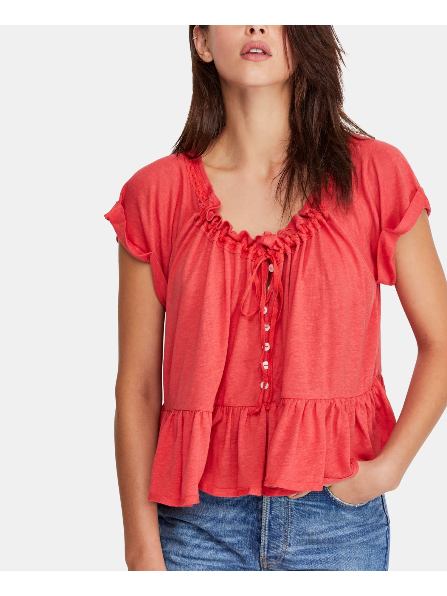 Free People FREE PEOPLE Womens Red Short Sleeve Scoop Neck Top Size