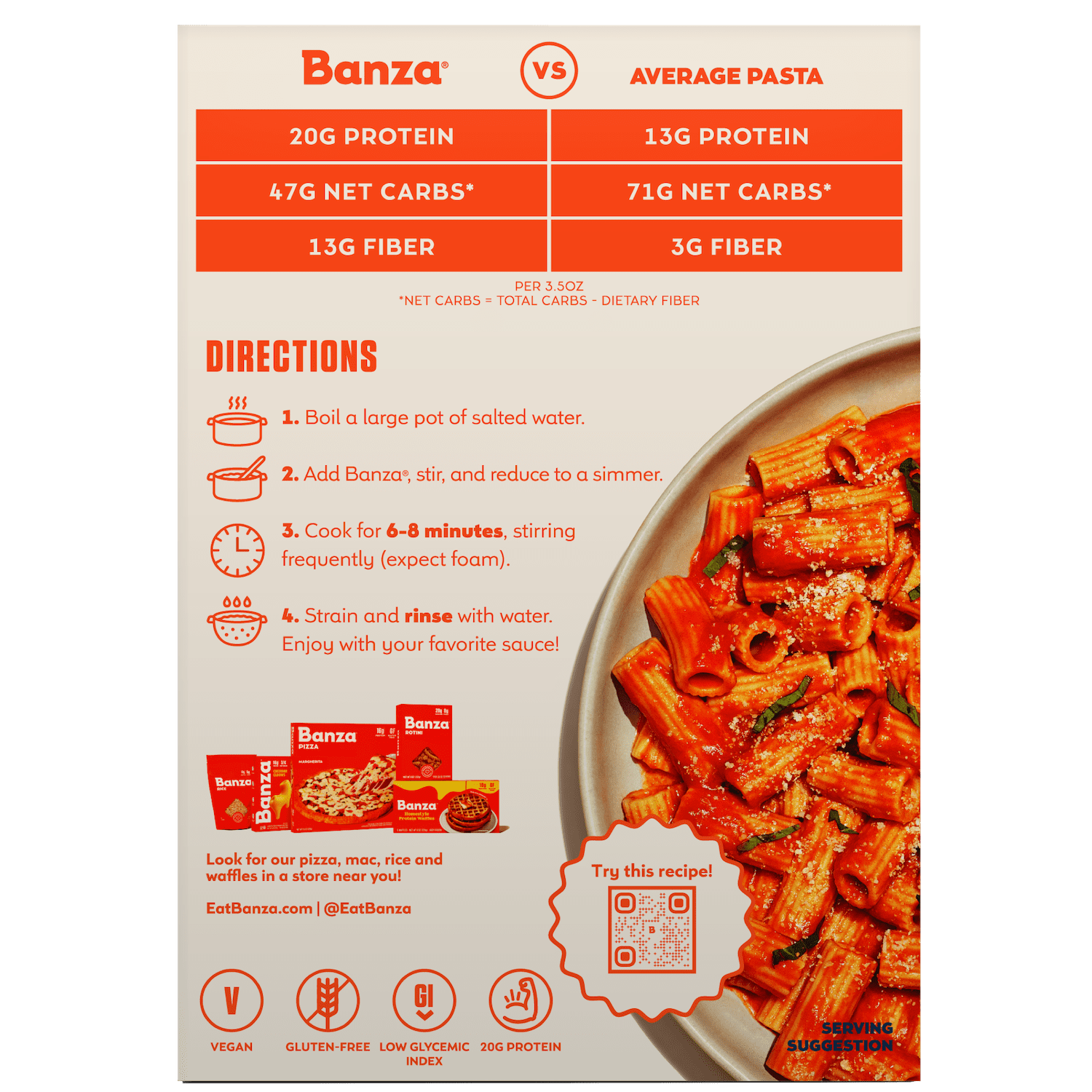 (3 pack) Banza Rigatoni Pasta from Chickpeas - Made In Italy, High Protein, High Fiber, and Lower Carb Italian Chickpea Noodles, 8oz