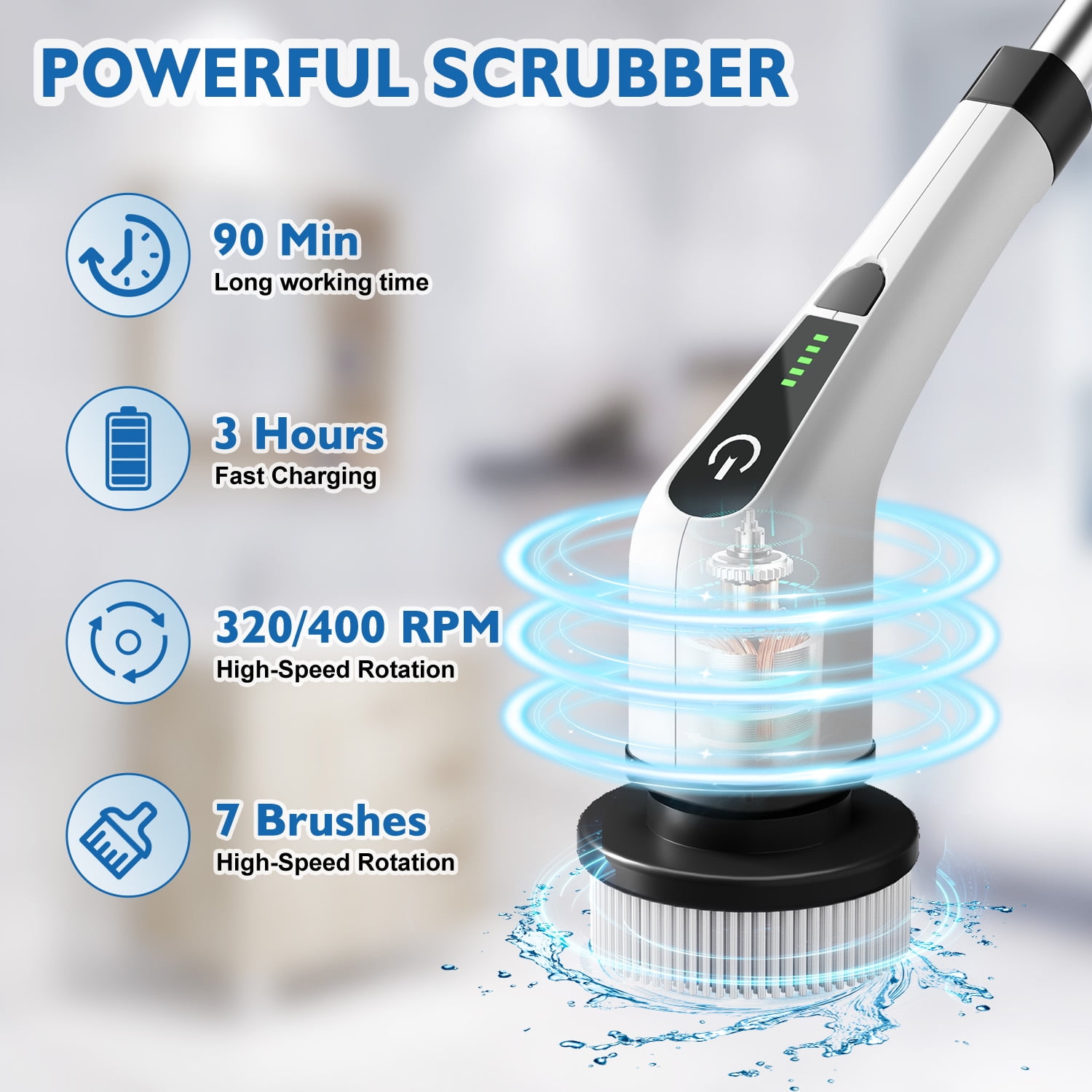HOOFUN Electric Spin Scrubber, Cordless Bath Tub Power Scrubber with Long Handle & 7 Replaceable Heads, Detachable as Short Handle, Shower Cleaning Brush Household Tools for Bathroom & Tile Floor