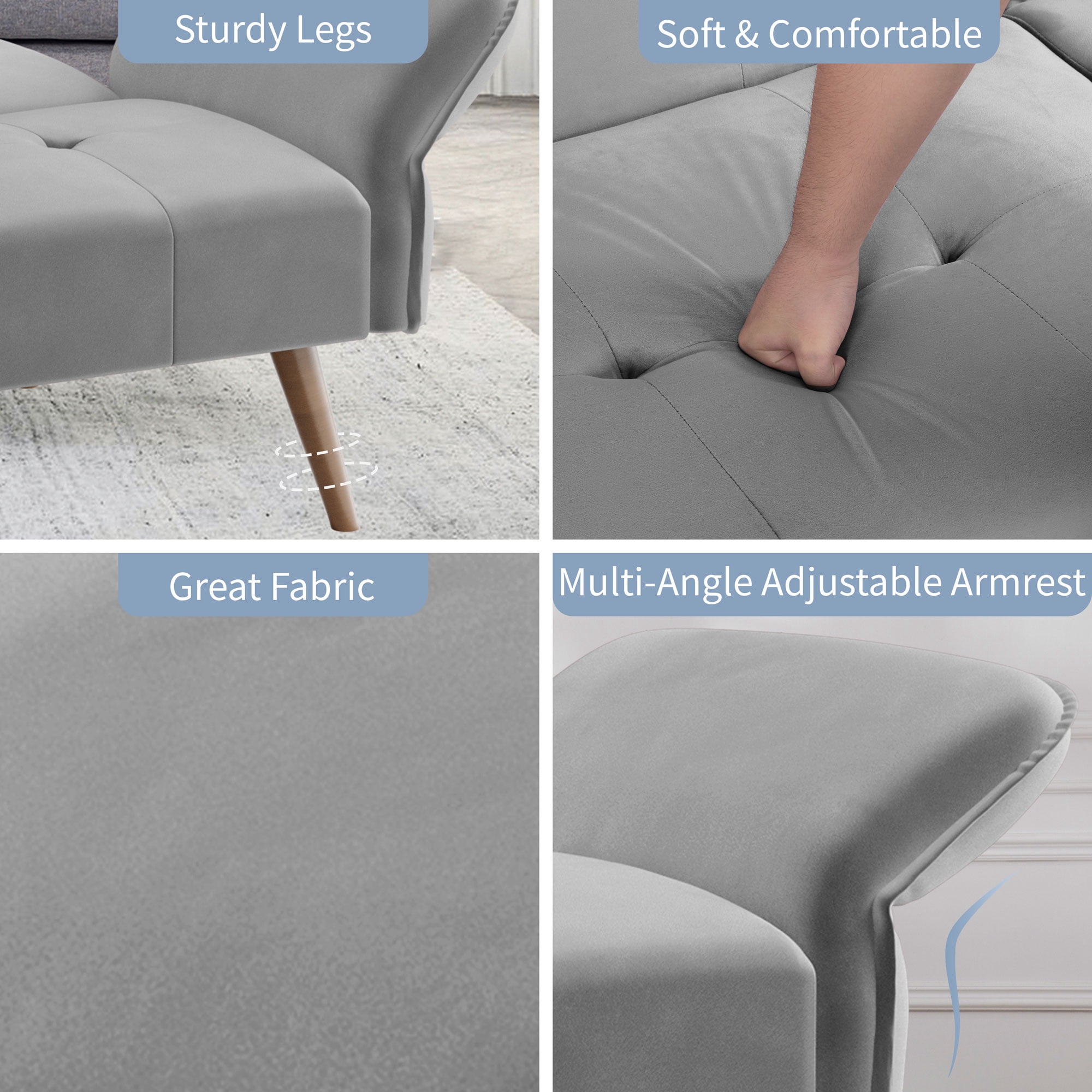 Walsunny 79" Velvet Futon Couch Sofa Bed, Folding Sleeper Loveseat with Adjustable Armrests Backrest Light Grey