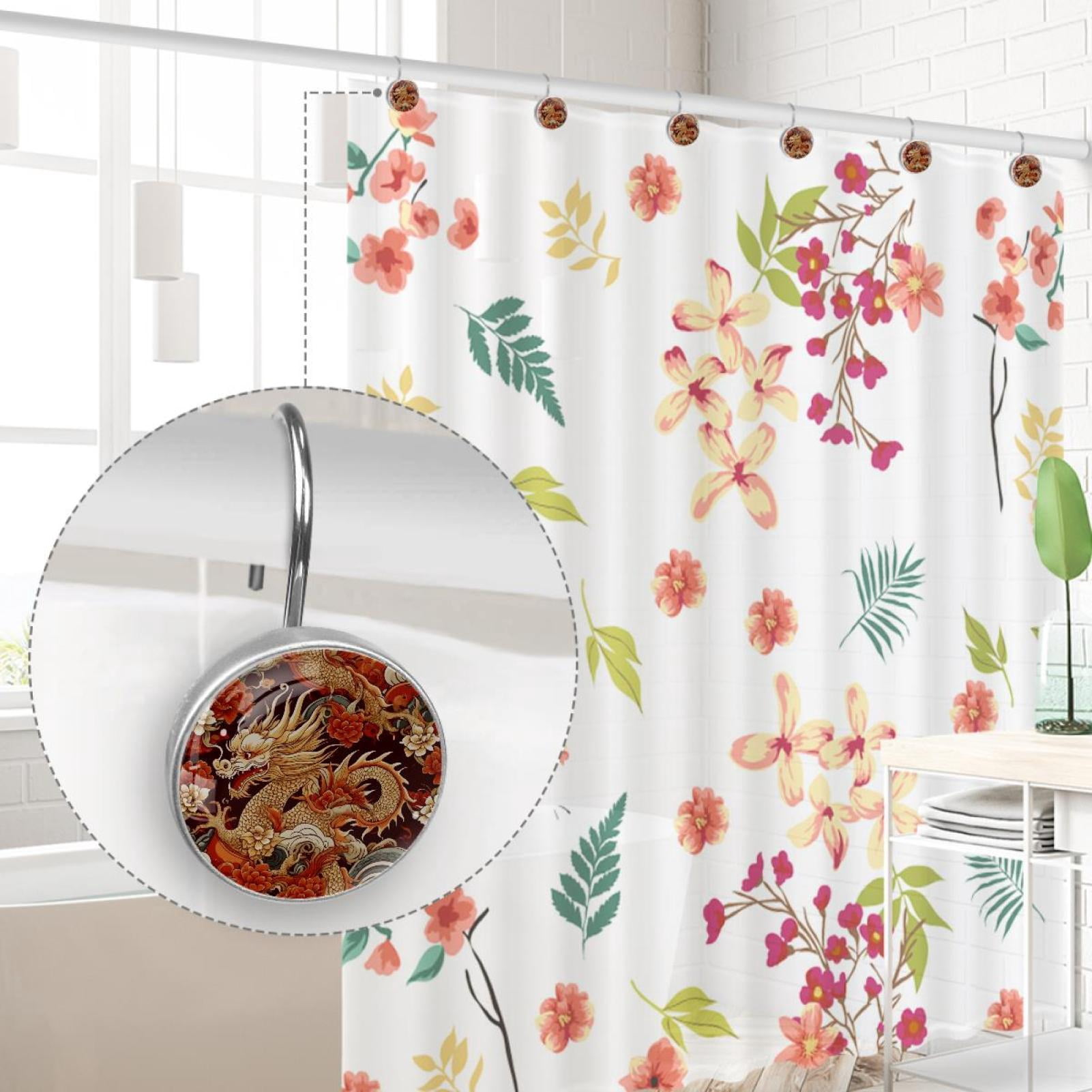 Gold Dragon and Peony Shower Curtain Hooks Round Crystal Glass, Set of 12 Shower Curtain Rings - Shower Hooks for Curtain Shower Rings