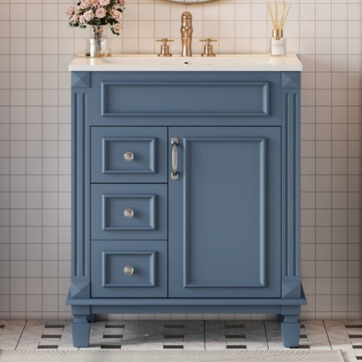 24" Bathroom Vanity with Ceramic Sink, Small Bathroom Vanity Cabinet with 2 Drawers, Adjustable Shelf, Soft-Close Door, Blue