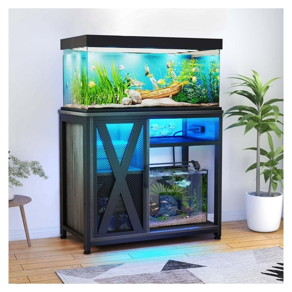 AetherLove 40-50 Gallon Aquarium Stand with Power Outlets & LED Light,Cabinet for Fish Tank Accessories Storage-Metal Fish Tank Stand Suitable for Turtle Tank,Reptile Terrarium,350LBS Capacity, Grey