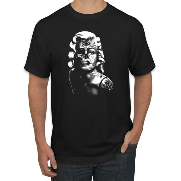 Manilyn Monroe Skull Face and Body Tattoo | Mens Pop Culture Graphic T-Shirt, Black, Small