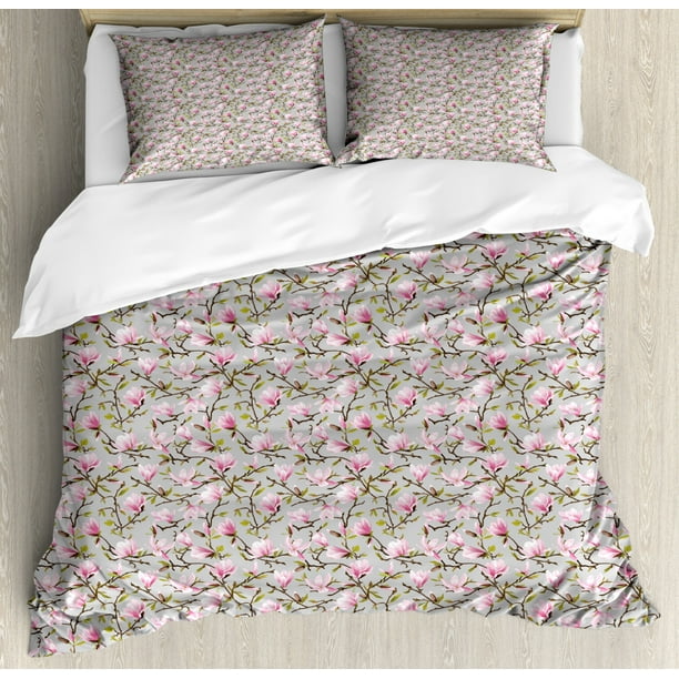 Magnolia King Size Duvet Cover Set, Exotic Floral Tree Burst into