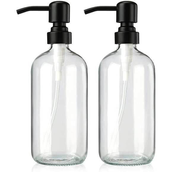 Distributeur de Savon, 2 Pack Distributeur de Savon en Verre avec Pompe en Acier Inoxydable, 16Oz Distributeur de Savon à Main pour Lotion Liquide, Distributeur de Savon Salle de Bains, Distributeur de Savon à Vaisselle pour Évier de Cuisine Bouteille Transparente