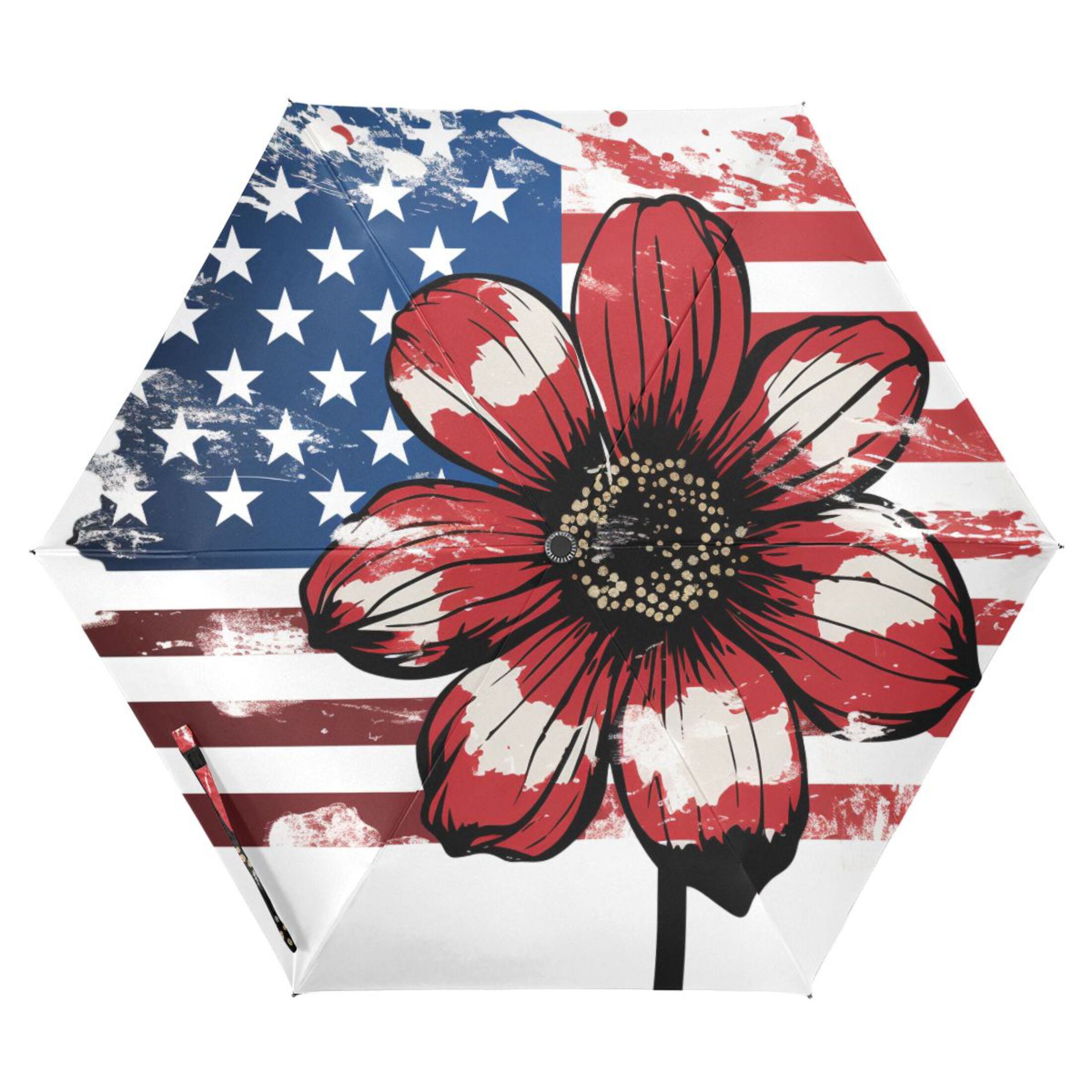 American Flag and Flower Compact Sun Umbrella Windproof Travel Umbrellas for Rain Strong Portable UV Protection