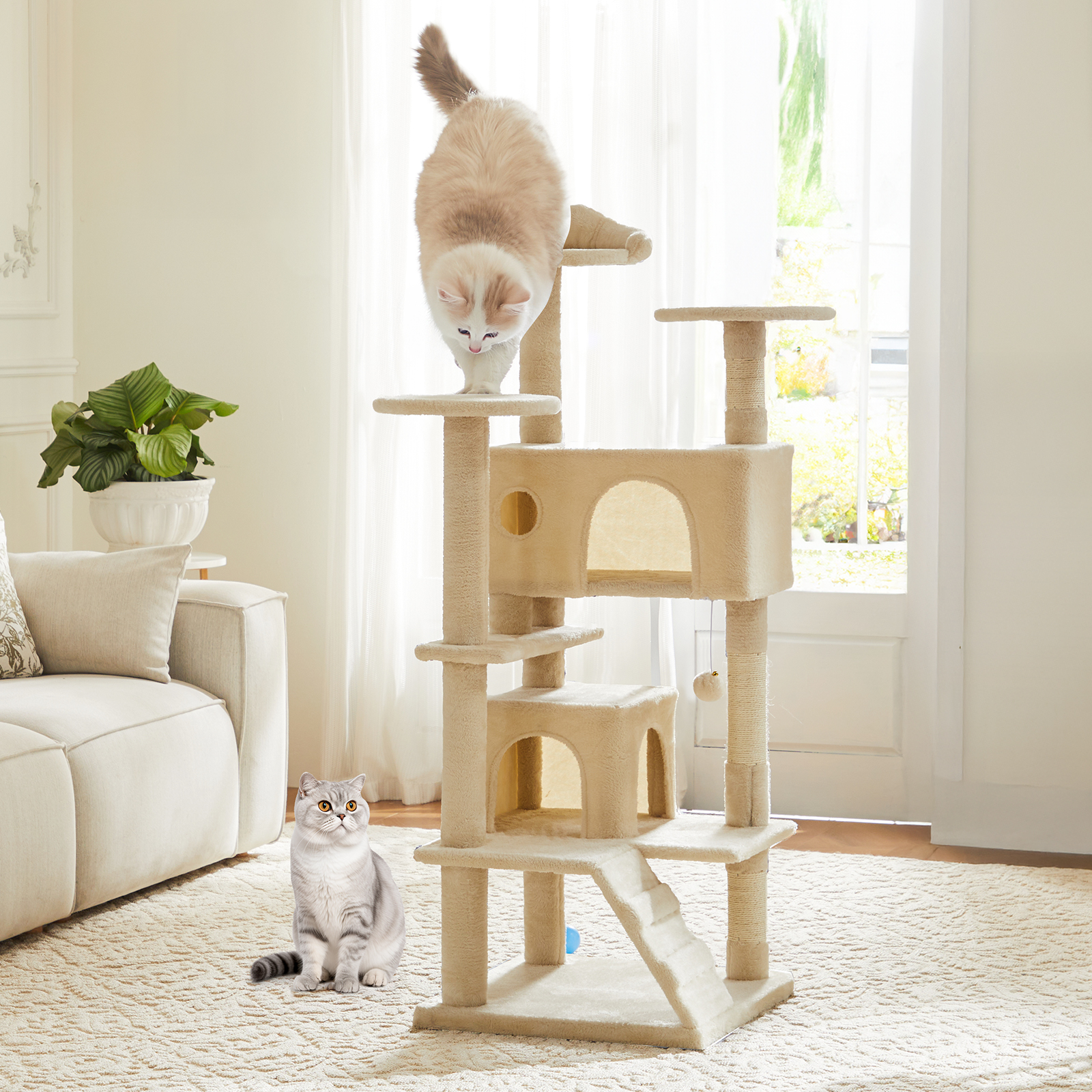 MCQ 54" Cat Tree Tower Multi-level with Scratching Post, Large Condo for Indoor, Beige