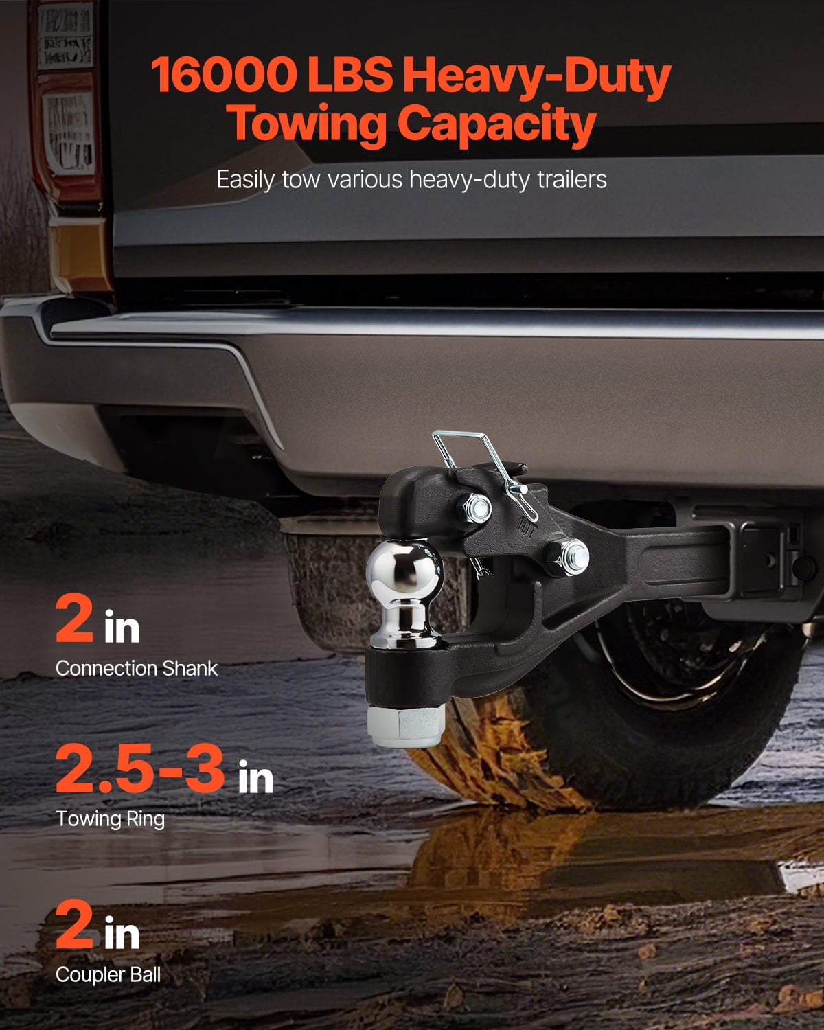 KFFKFF Pintle Hook, Capable of Towing 16000 lbs, Suitable for 2-inch Military Receiver Hitch Hook, Combined with 2-inch Hitch Ball, Compatible with 2.5 to 3-inch Lunette Ring, Black Coat Finish