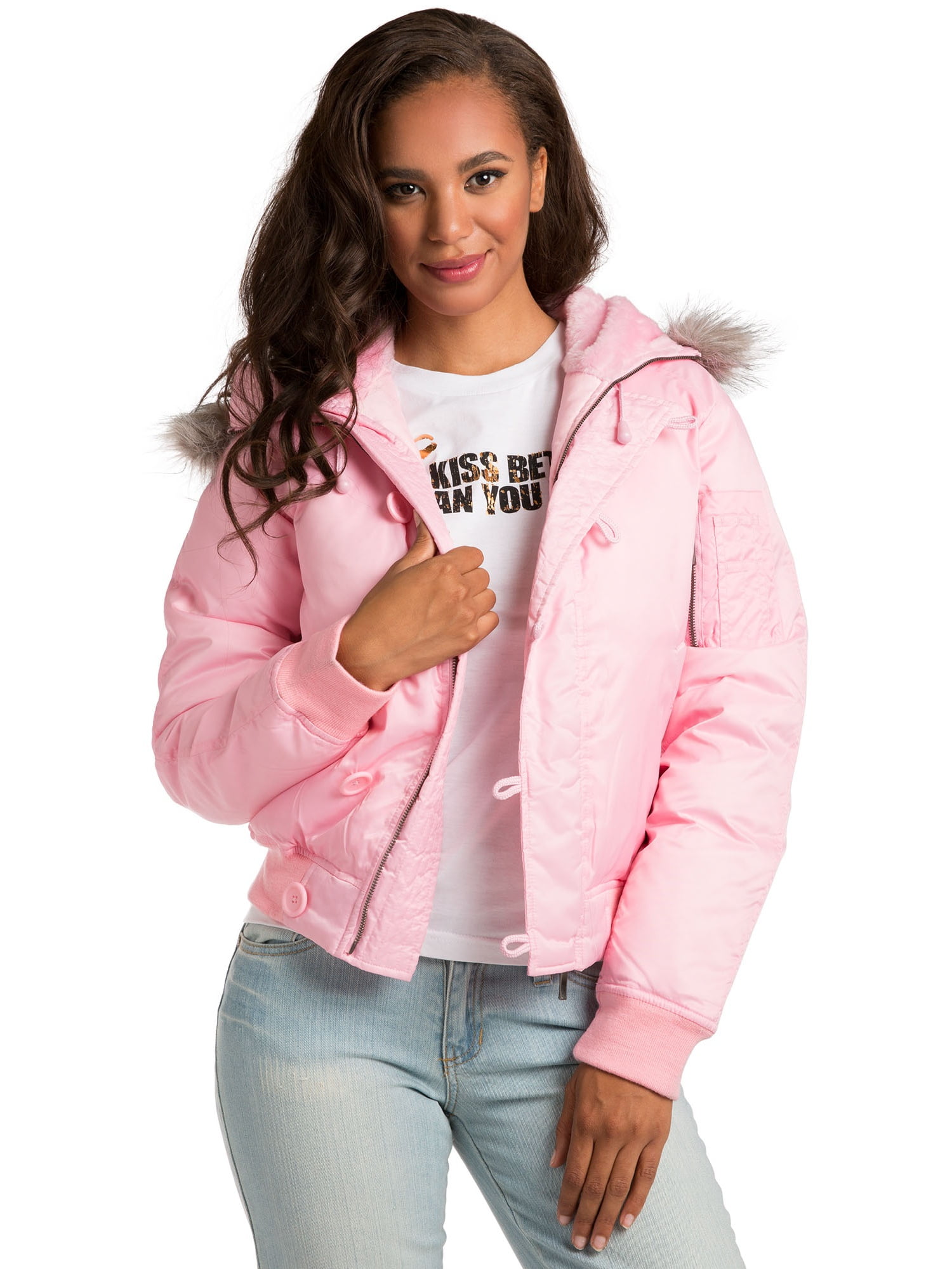 pink winter jacket with fur hood