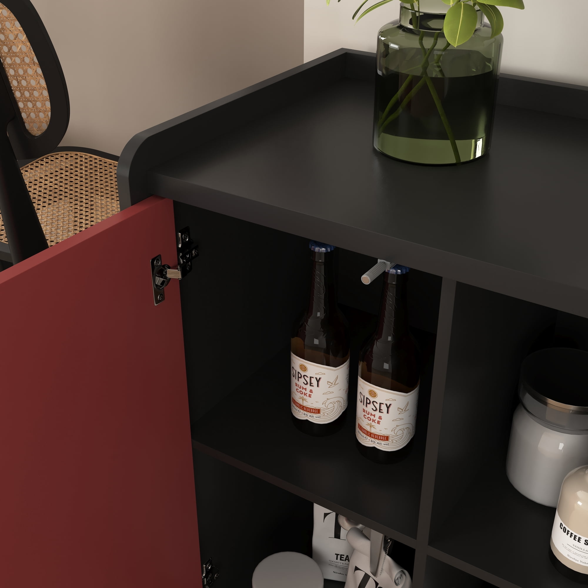 Noble House Sideboard Buffet Cabinet with 2 Drawers and Open Compartments, Black and Red