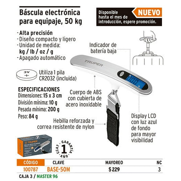 Báscula electrónica para maleta, 50 kg Truper Báscula electrónica para maleta, 50 kg
