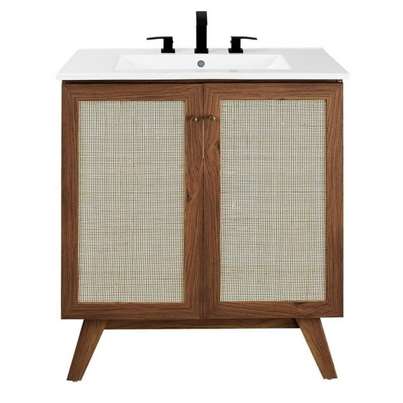Pemberly Row 30" Modern Wood Bathroom Vanity with Rattan Door in Walnut/White