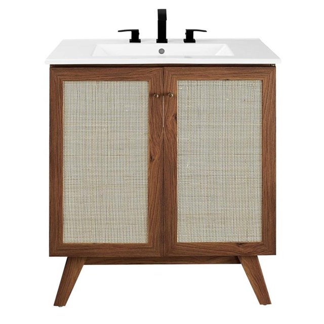 Pemberly Row 30" Modern Wood Bathroom Vanity with Rattan Door in Walnut/White